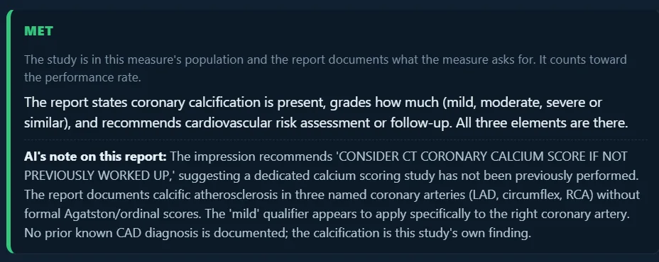Met detail. The report documents coronary calcification, a grade, and a follow-up recommendation, with the AI note.