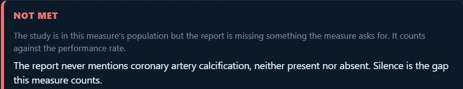 Not met: this study is in the measure population, but the report does not mention coronary artery calcification as present or absent.